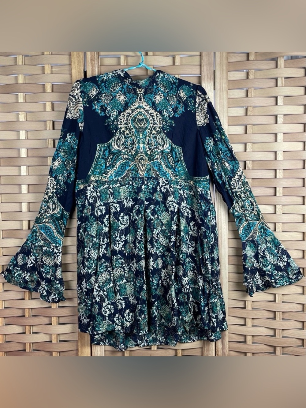 FREE PEOPLE Paisley Mock Neck Flare Sleeve Open Tie Back Mini Dress